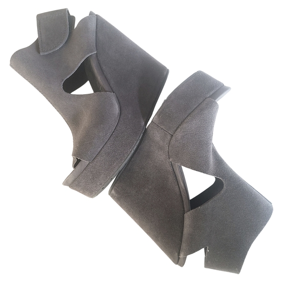 Pedro Garcia Grey Suede Peep Toe Slingback Velcro Platform Wedge Sandal 7.5 - Picture 11 of 13